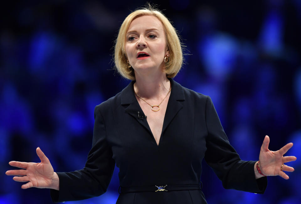 BIRMINGHAM, ENGLAND - AUGUST 23: Foreign Secretary and Conservative leadership hopeful Liz Truss speaks during the Conservative leadership hustings at the NEC on August 23, 2022 in Birmingham, England. Foreign Secretary, Liz Truss and former Chancellor Rishi Sunak are vying to become the new leader of the Conservative Party and the UK's next Prime Minister. (Photo by Anthony Devlin/Getty Images)