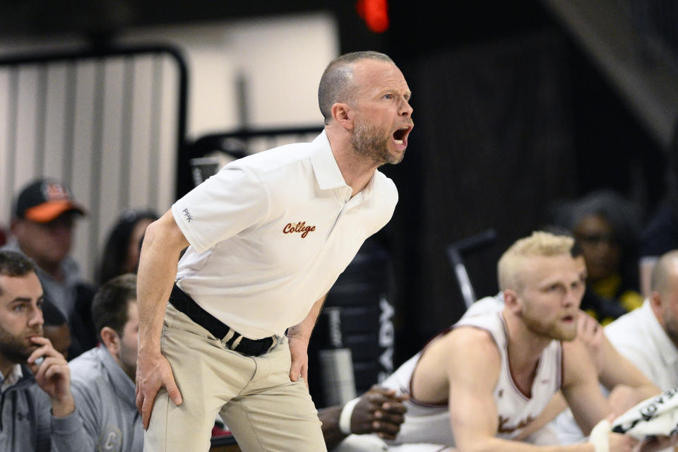 Charleston head coach Pat Kelsey reacts during the first half of an NCAA college basketball game in the championship of the Colonial Athletic Association conference tournament against UNC Wilmington, Tuesday, March 7, 2023, in Washington. (AP Photo/Nick Wass)
