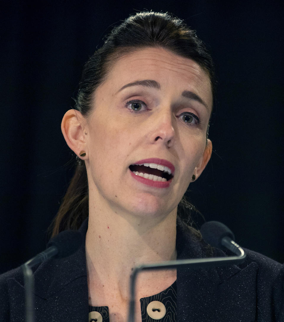 New Zealand Prime Minister Jacinda Ardern reacts during a press conference when she spoke about murdered British tourist Grace Millane during her weekly post-Cabinet press conference in Wellington, New Zealand, Monday, Dec. 10, 2018. Ardern made an emotional apology to the family of a 22-year-old British tourist who police say was murdered. Ardern spoke about the nation's reaction to the case several hours after the man that police accuse of killing Grace Millane made his first appearance in court. (Mark Mitchell/New Zealand Heralds via AP)