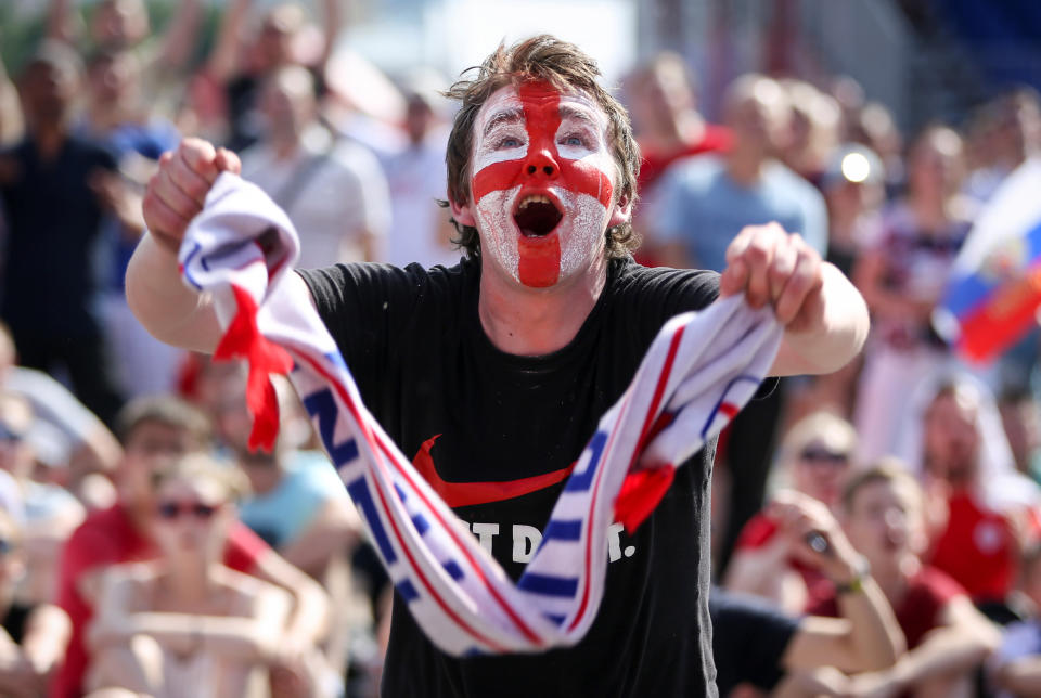 <p>An England fan celebrates as the Three Lions put in a commanding performance against Panama. </p>