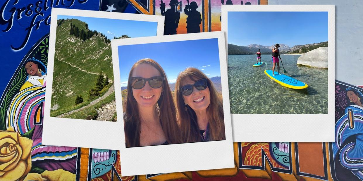 mountainous hiking trail, mother daughter snapshot, paddle boarding