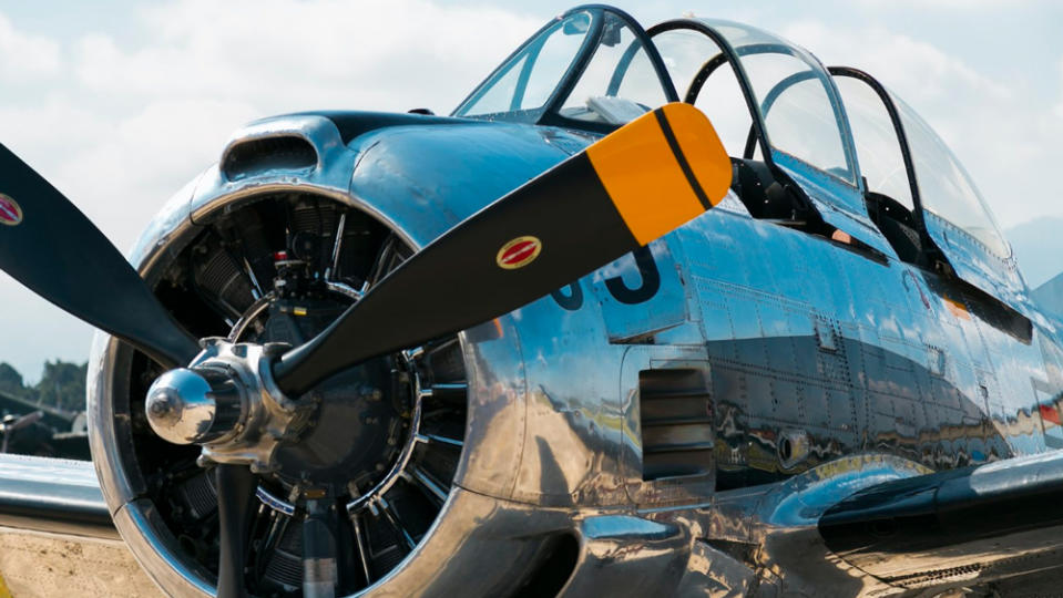 A close-up of a vintage aircraft.