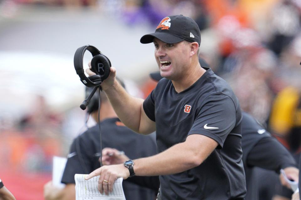 Cincinnati Bengals head coach Zac Taylor questions a call during the second half of an NFL football game against the Pittsburgh Steelers, Sunday, Sept. 11, 2022, in Cincinnati. (AP Photo/Jeff Dean)