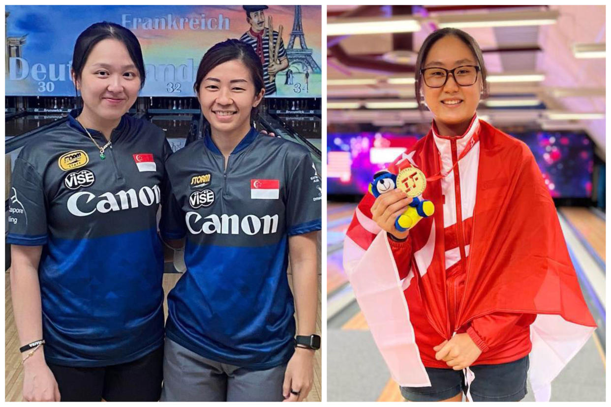 Singapore national bowlers emerge triumphant in Europe as Bernice Lim (centre) won the EBT Masters in Germany with Jazreel Tan (left) coming in third, and Colleen Pee (right) won four golds at the IBF U-21 World Championships in Sweden.