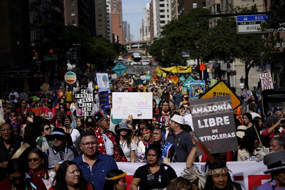 Climate activists march on First Ave. protesting energy policies and the use of fossil fuels, in New York, Sunday, Sept. 17, 2023. (AP Photo / Bryan Woolston)