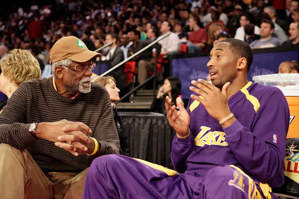 LAS VEGAS, NEVADA - FEBRUARY 17: Bill Russell and Kobe Bryant #24 of the Los Angeles Lakers speak during Haier Shooting Stars at NBA All-Star Weekend on February 17, 2007 at Thomas & Mack Center in Las Vegas, Nevada. NOTE TO USER: User expressly acknowledges and agrees that, by downloading and or using this photograph, User is consenting to the terms and conditions of the Getty Images License Agreement. Mandatory Copyright Notice: Copyright 2007 NBAE (Photo by: Ron Hoskins/NBAE via Getty Images)