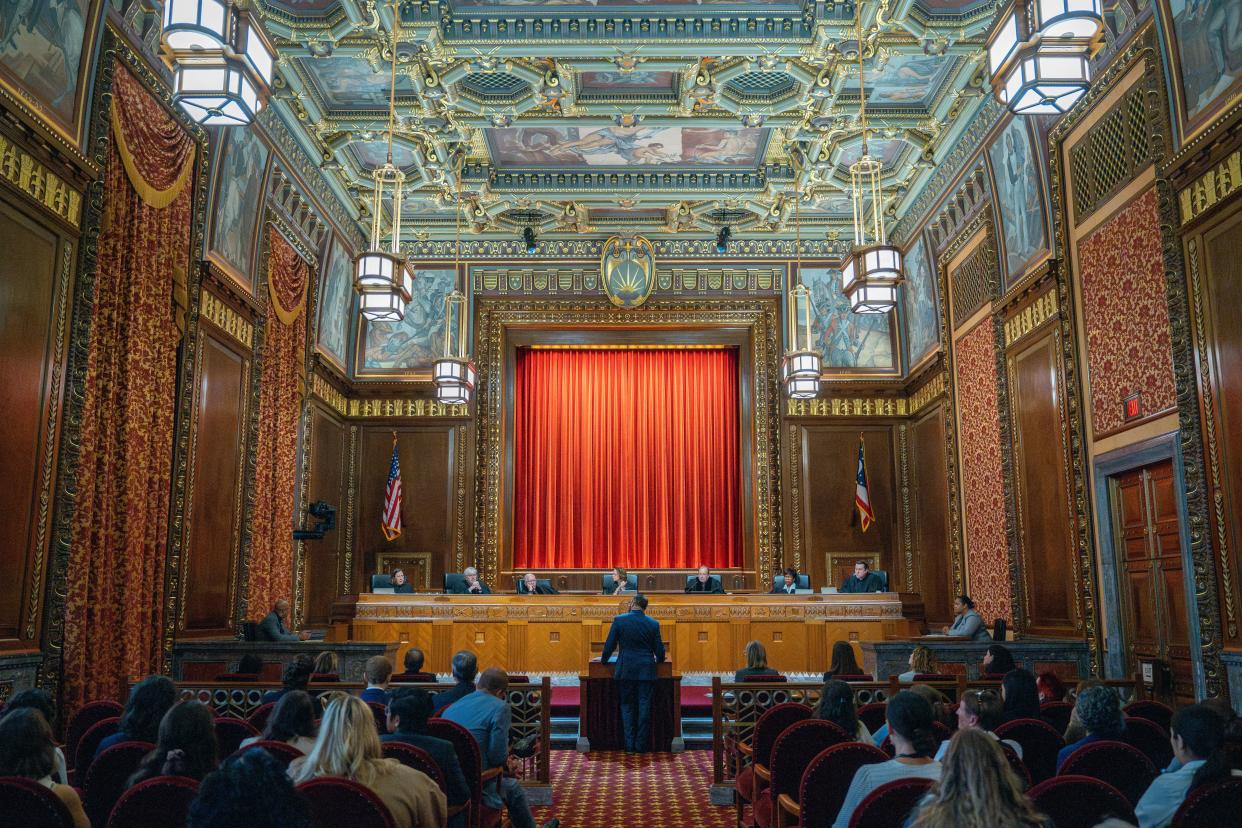 Sep 27, 2023; Columbus, Ohio, US;
Benjamin Flowers speaks to the Ohio Supreme Court Justices during oral arguments about a 2019 ban on most abortions in Ohio.