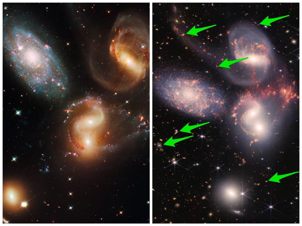 side by side images of galaxy cluster with arrows pointing to background galaxies