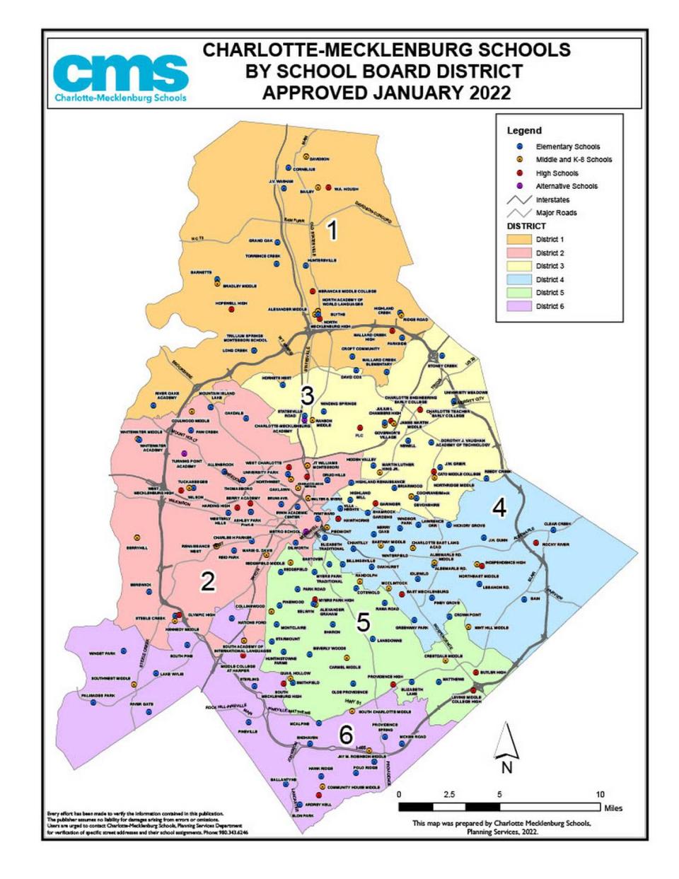 A map of the Charlotte-Mecklenburg Schools Board of Education districts approved in January 2022.