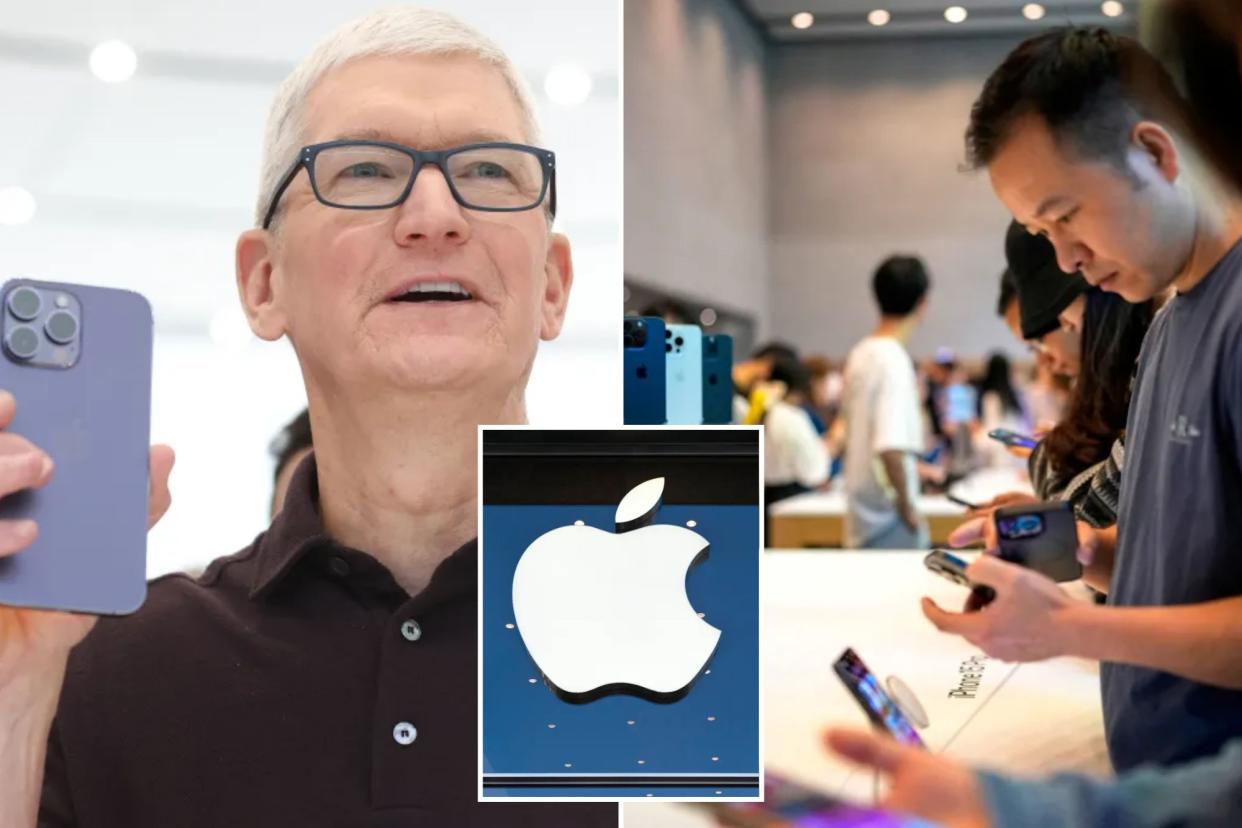 Apple CEO Tim Cook, iPhones and Apple logo