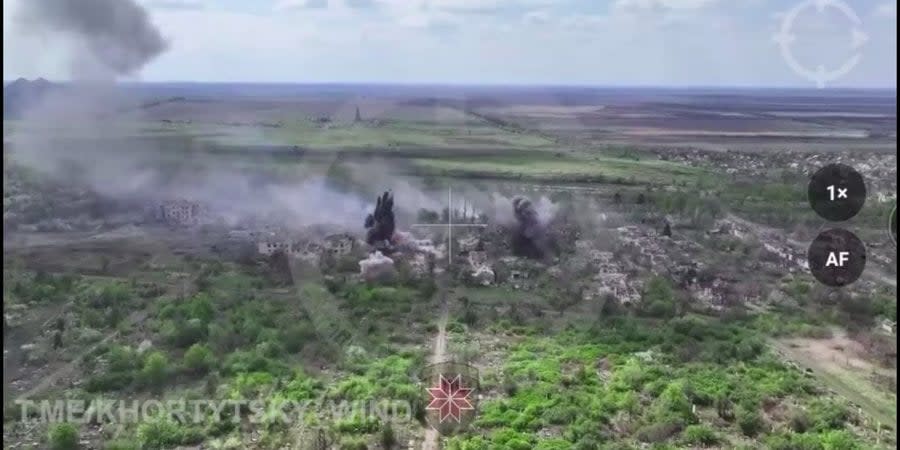 An air strike on the Russian manpower cluster in Krasnohorivka, a still from a video published by the Khortytsia troop grouping on April 14