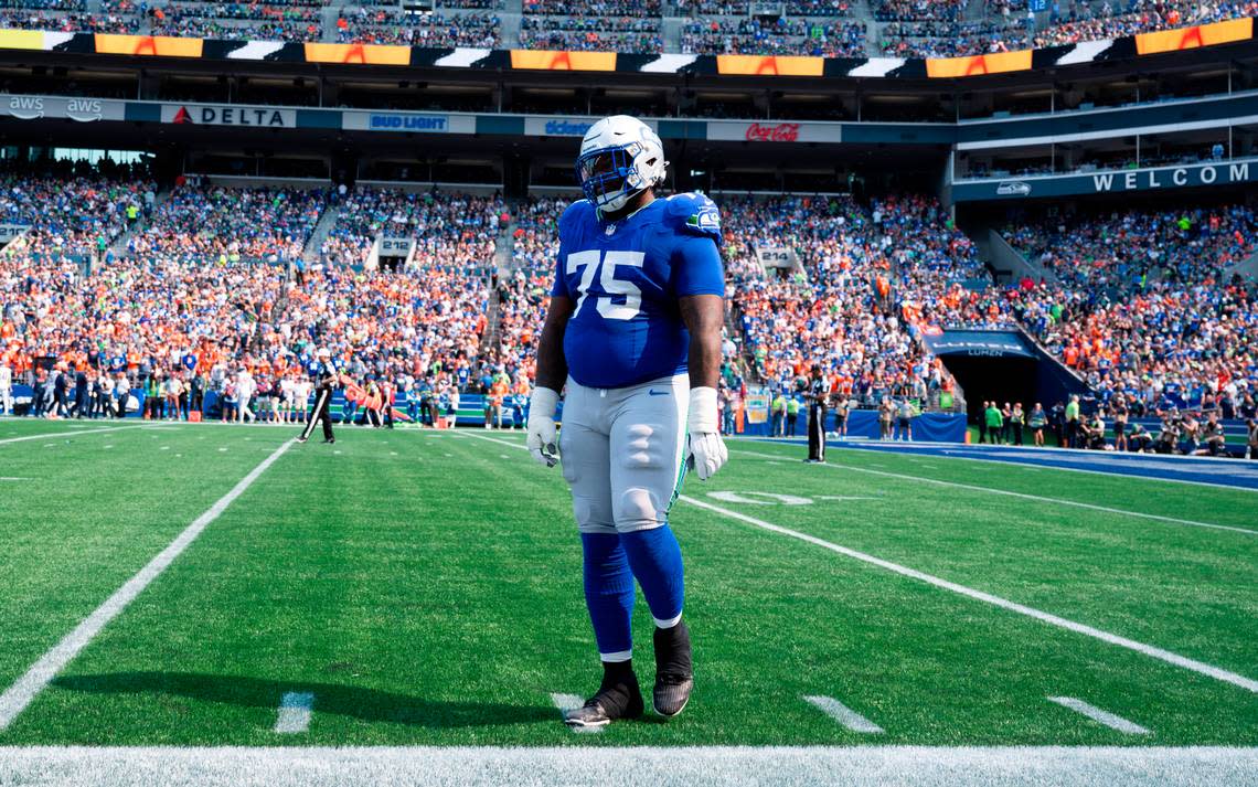 Seattle Seahawks guard Anthony Bradford (75) comes off the field after a holding call during the second quarter of the game against the Denver Broncos at Lumen Field, on Sunday, Sept. 8, 2024, in Seattle, Wash.