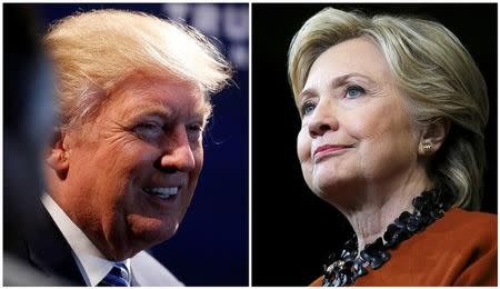 A combination photo shows U.S. Republican presidential nominee Donald Trump (L) at a campaign event in Charlotte, North Carolina, U.S. on October 26, 2016 and U.S. Democratic presidential candidate Hillary Clinton during a campaign rally in Winston-Salem, North Carolina, U.S. on October 27, 2016. REUTERS/Carlo Allegri (L)/Carlos Barria (R)/File Photos