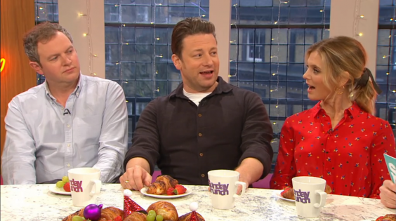 Jamie Oliver, Miles Jupp and Emilia Fox on 'Sunday Brunch' (Channel 4)