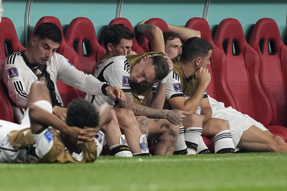 German subs on the bench react after the World Cup group E soccer match between Costa Rica and Germany at the Al Bayt Stadium in Al Khor , Qatar, Thursday, Dec. 1, 2022. (AP Photo/Martin Meissner)