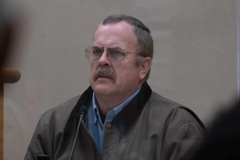 Jeffrey Lindley testifies in the murder trial of Stephen Deflaun in San Luis Obispo Superior Court on March 29, 2023. Deflaun is accused of killing two people at Morro Strand State Beach in a shooting on July 8, 2001.