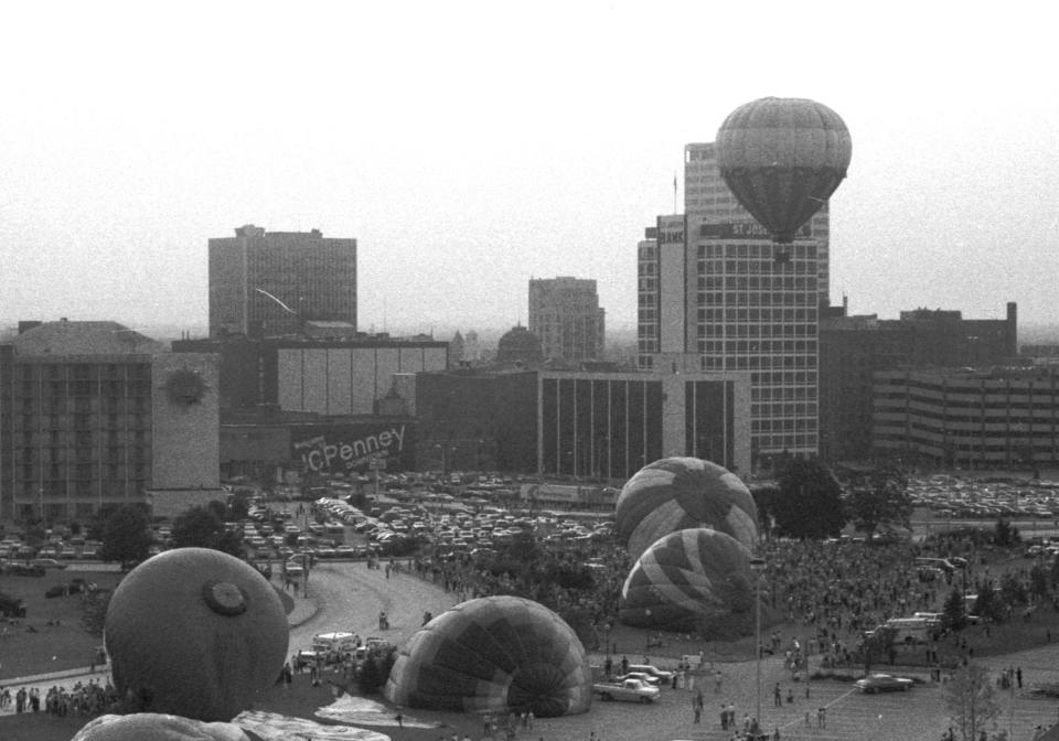 A hot air balloon race begins at the 1982 South Bend Ethnic Festival.