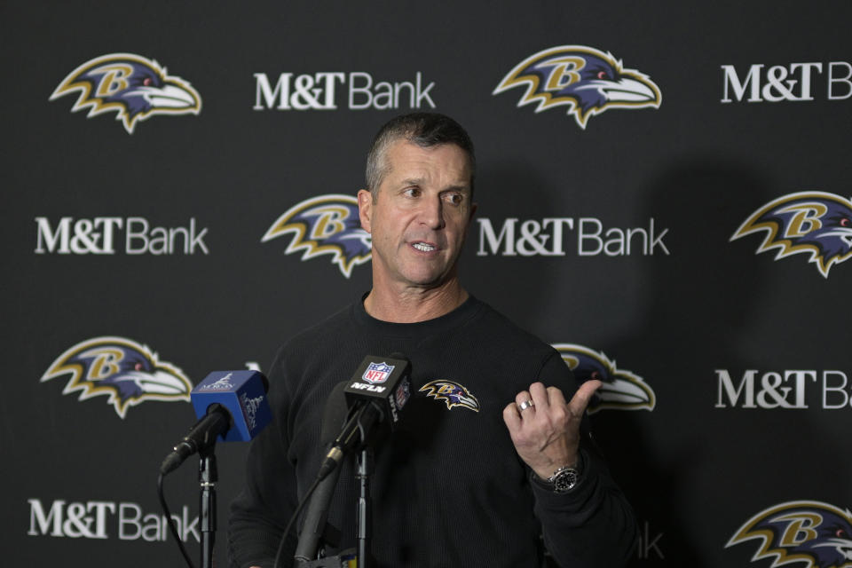 Baltimore Ravens head coach John Harbaugh talks to reporters after an NFL football game against the Jacksonville Jaguars, Sunday, Dec. 17, 2023, in Jacksonville, Fla. (AP Photo/Phelan M. Ebenhack)