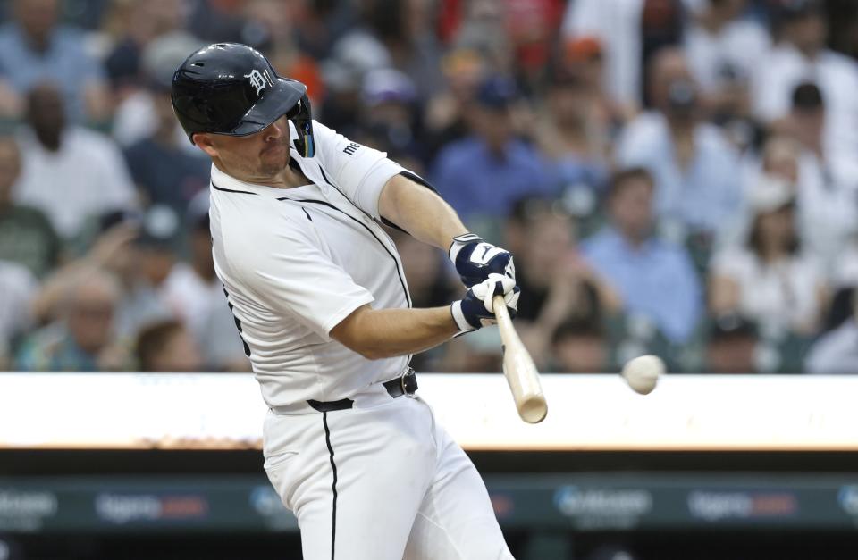 Detroit Tigers' Jake Rogers singles against the Philadelphia Phillies during the fifth inning of a baseball game Tuesday, June 25, 2024, in Detroit. (AP Photo/Duane Burleson)