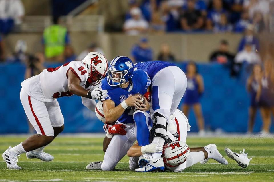 The Miami RedHawks defense sacked Kentucky quarterback Will Levis (7) four times in UK’s 37-13 victory in 2022’s season opener. The game foreshadowed a season that saw the Wildcats allow 47 QB sacks.