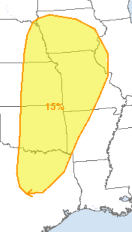 The National Weather Service's Storm Prediction Center on Monday made public this graphic illustrating its prediction of a 15% chance of severe storms developing Friday within 25 miles of any location in the area shown in yellow on this map, which includes roughly the eastern half of Kansas.