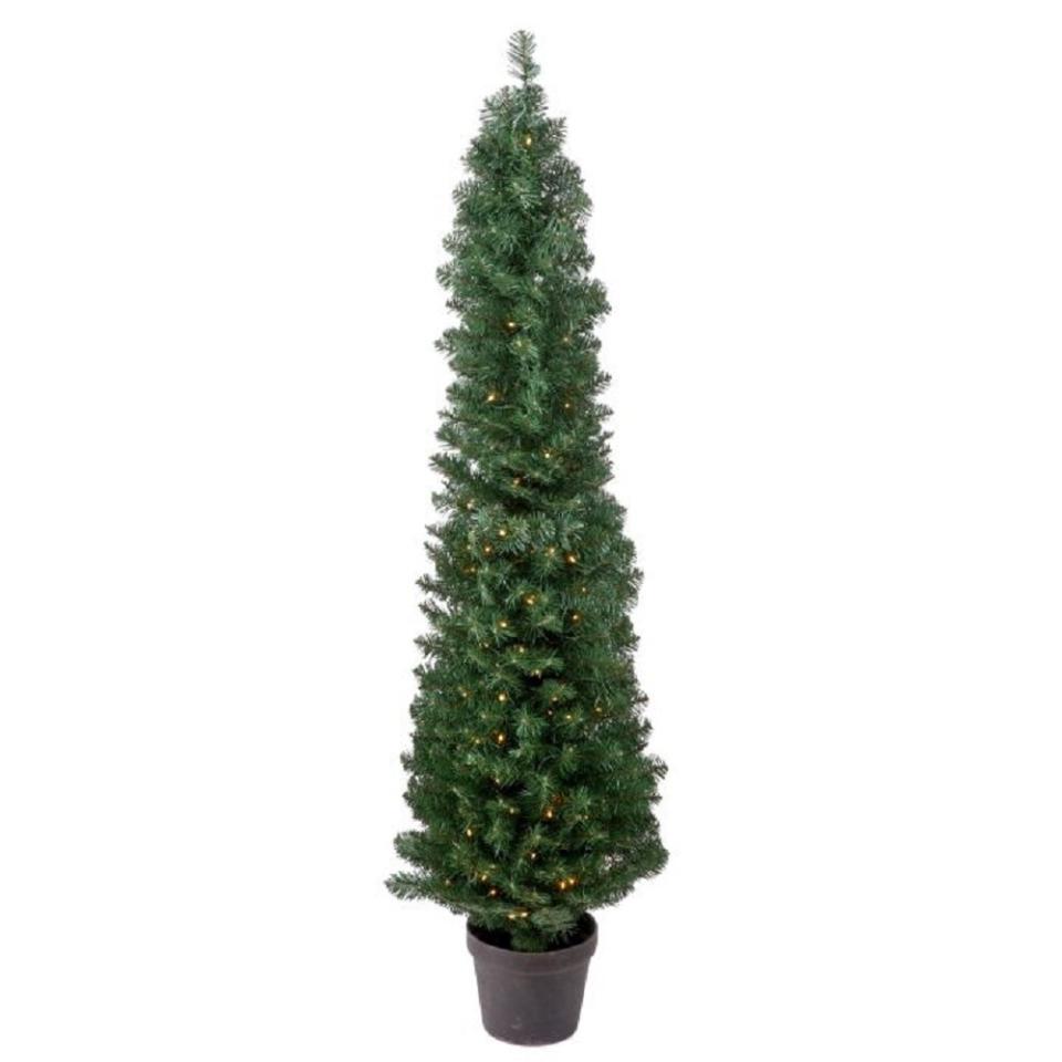Potted Prelit 5' Green Spruce Artificial Christmas Tree with 150 Clear/White Lights. Image via Wayfair.