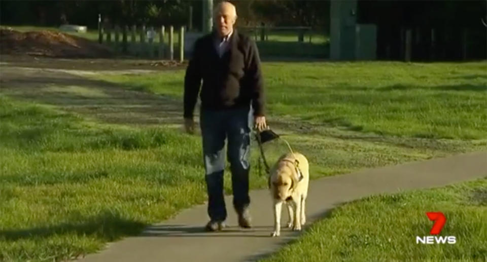 Blind pensioner Les Wehsack was left embarrassed and humiliated after being refused service at a Colac restaurant when his seeing eye dog wasn’t allowed inside. Source: 7 News