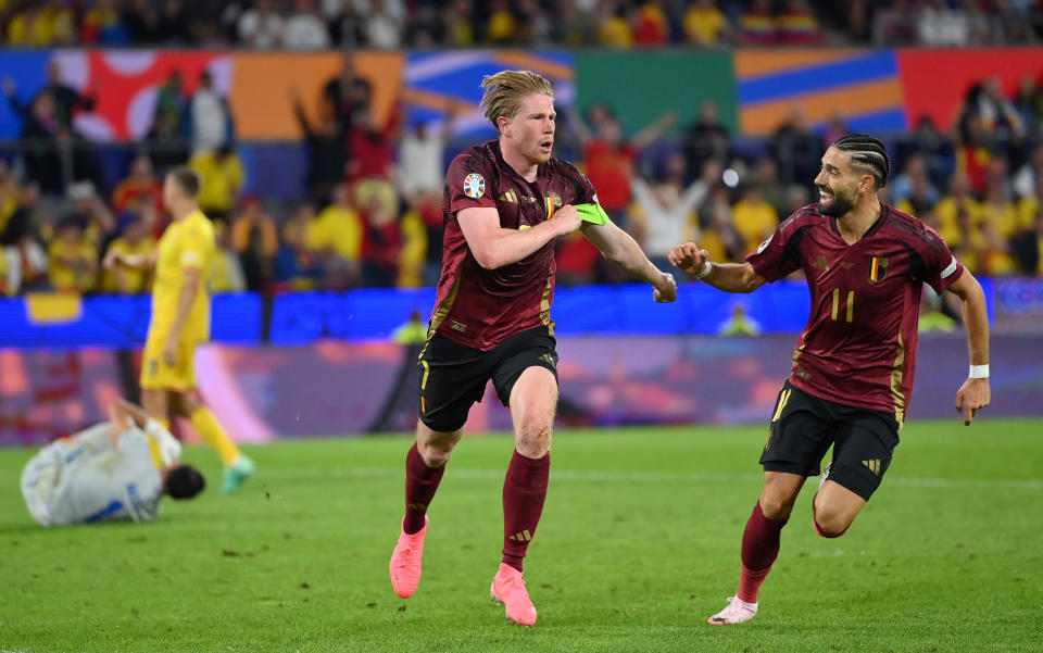 Kevin De Bruyne慶祝破門。（Photo by Justin Setterfield/Getty Images）