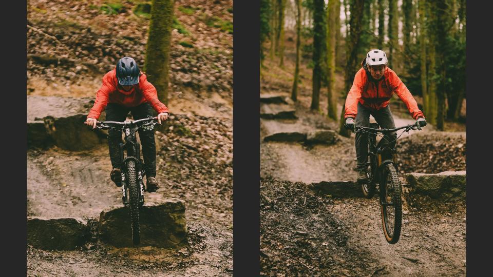 Mountain bike riders on rock drops