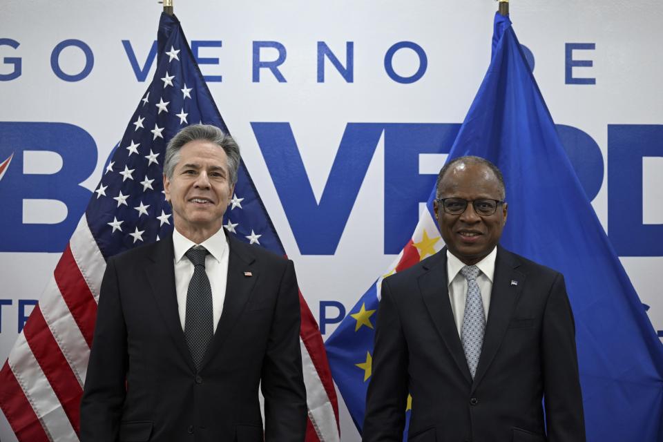 US Secretary of State Antony Blinken, left, poses for a photo with Cape Verde Prime Minister Ulisses Correia e Silva, at the Government Palace in Praia, Cape Verde, Monday, Jan. 22, 2024. (Andrew Caballero-Reynolds/Pool Photo via AP)