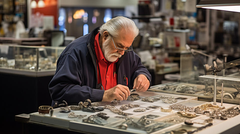 An employee in a pawn store, counting jewelry and consumer electronics that were pawned.