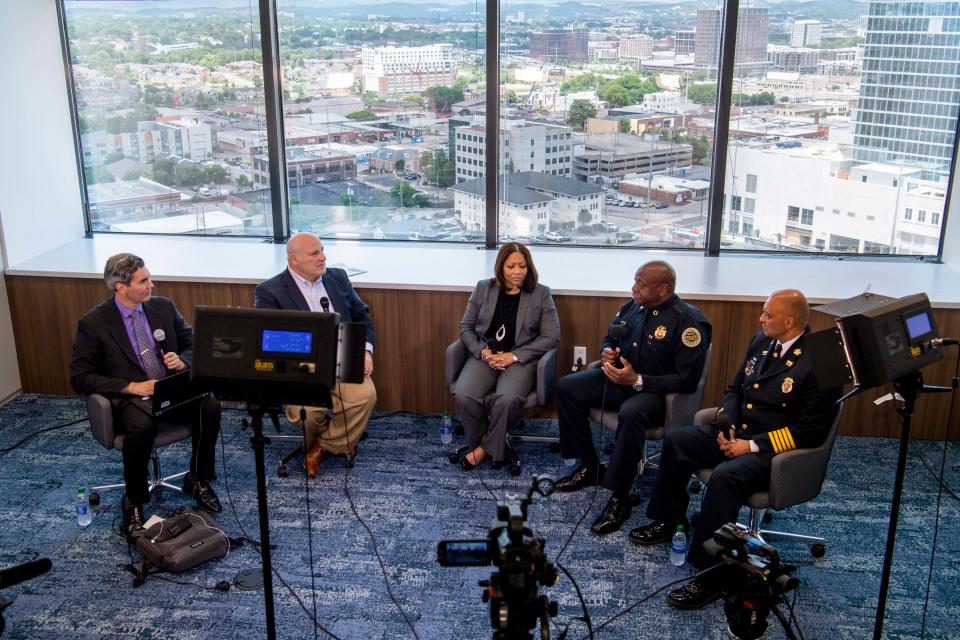 From left, Engagement Dir. for USA Today David Plazas and Tennessean Columnist Brad Schmitt, talk with Metro Nashville Schools Director Adrienne Battle, Metro Nashville Police Department Chief John Drake and Nashville Fire Department Chief William Swann in a live-streamed panel discussion at The Tennessean on Thursday, May 27, 2021, in Nashville, Tenn. 