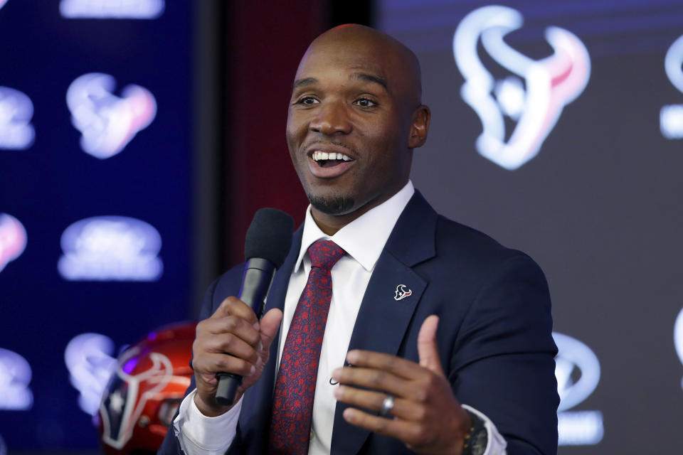 DeMeco Ryans answers questions at NRG Stadium in Houston during an NFL football news conference formally announcing him as the new head coach of the Houston Texans, Thursday, Feb. 2, 2023. (AP Photo/Michael Wyke)