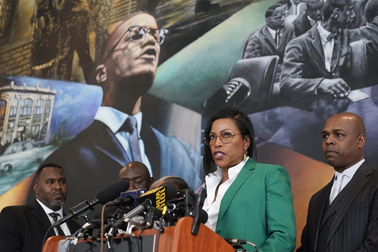 Ilyasah Shabazz, a daughter of Malcolm X, second from right, speaks during a news conference at the Malcolm X & Dr. Betty Shabazz Memorial and Educational Center in New York, Tuesday, Feb. 21, 2023. (AP Photo/Seth Wenig)