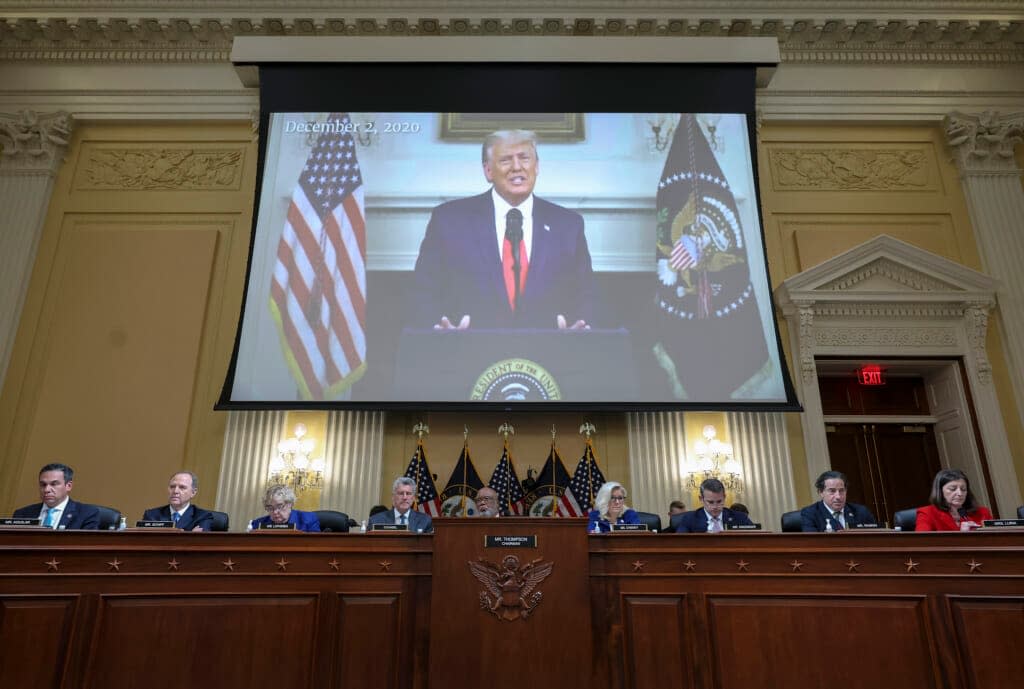 A video of former President Donald Trump is played during a hearing by the House Select Committee to Investigate the January 6th Attack on the U.S. Capitol in the Cannon House Office Building on October 13, 2022 in Washington, DC. (Photo by Alex Wong/Getty Images)