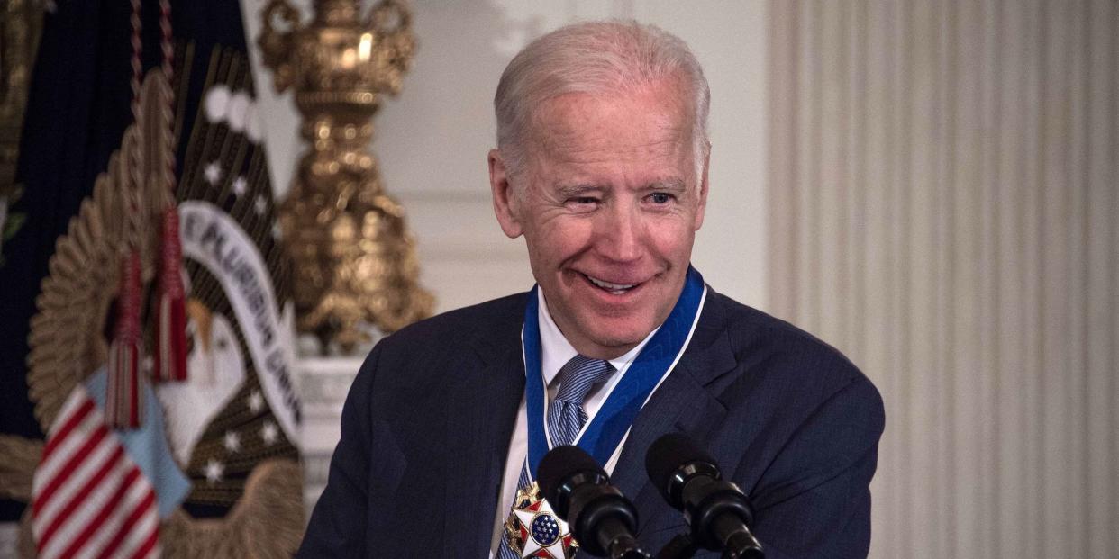 Then-Vice President Joe Biden speaks after being awarded the Presidential Medal of Freedom on January 12, 2017.