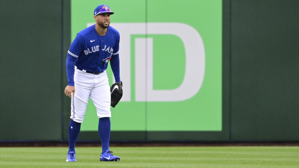 DUNEDIN, FLORIDA - MARCH 21: George Springer #4 of the Toronto Blue Jays awaits the play during the first inning against the New York Yankees during a spring training game at TD Ballpark on March 21, 2021 in Dunedin, Florida. (Photo by Douglas P. DeFelice/Getty Images)