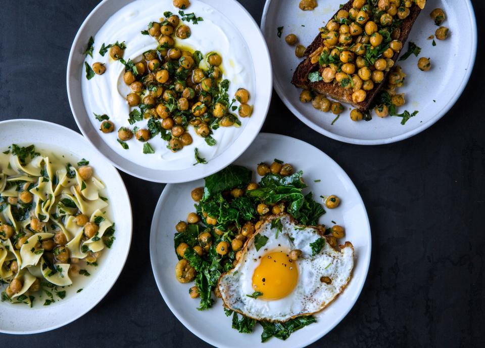 Make a big batch of crispy, herby chickpeas and eat them all week with greens, topped with an egg, on toast, or even in a bowl of yogurt. <a rel="nofollow noopener" href="https://www.bonappetit.com/recipe/herbed-chickpeas?mbid=synd_yahoo_rss" target="_blank" data-ylk="slk:See recipe.;elm:context_link;itc:0;sec:content-canvas" class="link ">See recipe.</a>