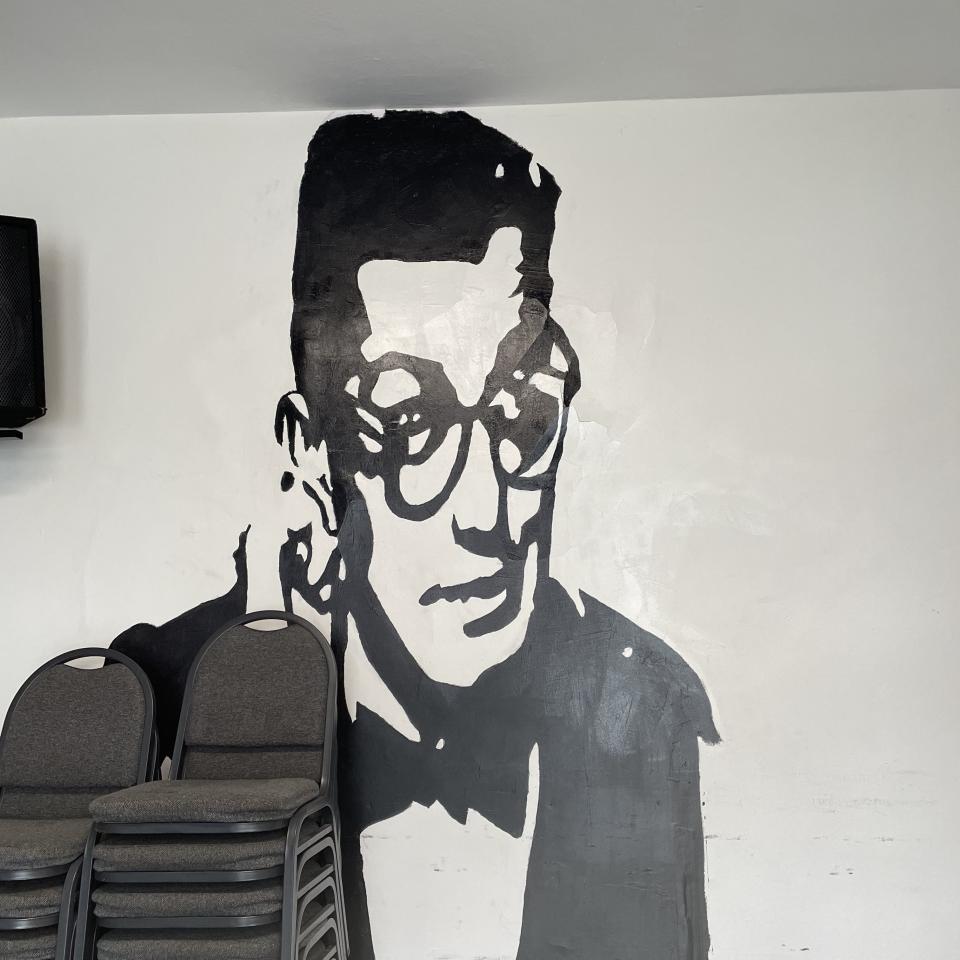 A mural of Del Close, widely regarded as one of the founding fathers of improv comedy, adorns the wall in the Uptown's studio space.