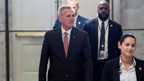 PHOTO: Speaker of the House Kevin McCarthy speaks to reporters as he arrives at the U.S. Capitol on May 25, 2023 in Washington, D.C. (Kevin Dietsch/Getty Images)