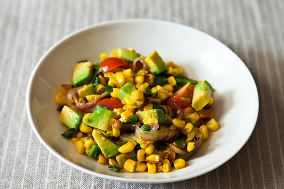 Charred Corn and Avocado Salad with Lime Chili Tomato