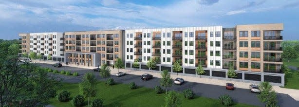 An architectural rendering of the six-story apartment building proposed for a redevelopment area at Route 1 and Campus Drive in South Brunswick.