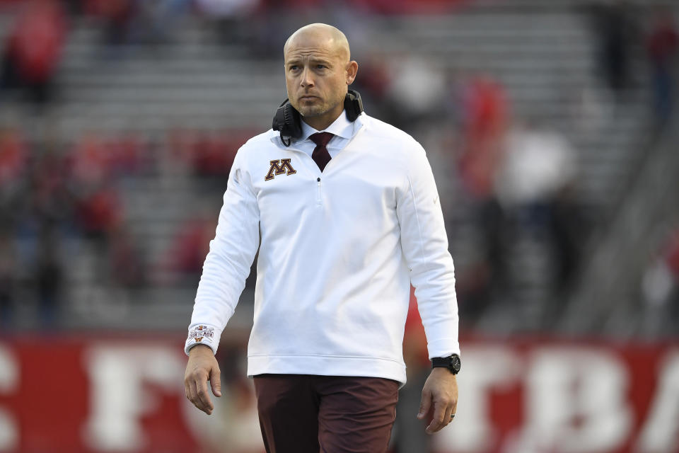 Minnesota head coach P. J. Fleck looks on during the second half of an NCAA college football game against Rutgers Saturday, Oct. 19, 2019, in Piscataway, N.J. (AP Photo/Sarah Stier)