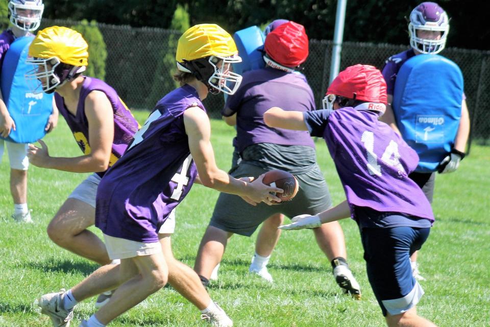 The Marshwood High School football team, seen during the opening practice Monday, Aug. 14, 2023, is looking to improve after a losing season in 2022 that followed four straight Maine Class B state titles.