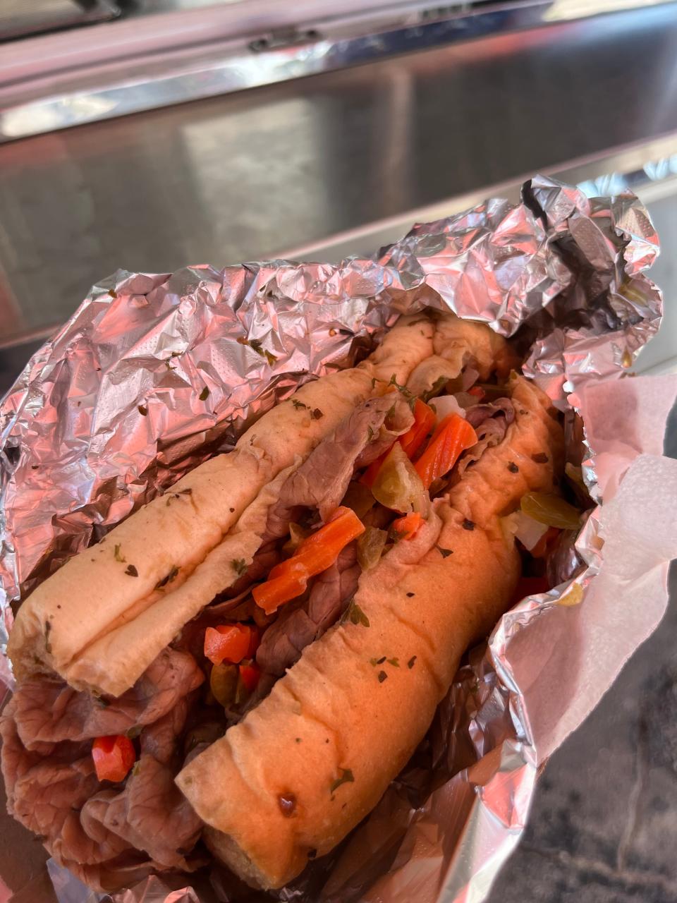 Italian beef sandwich from Dogslingers at 2801 Raeford Road on Sept. 6, 2023.