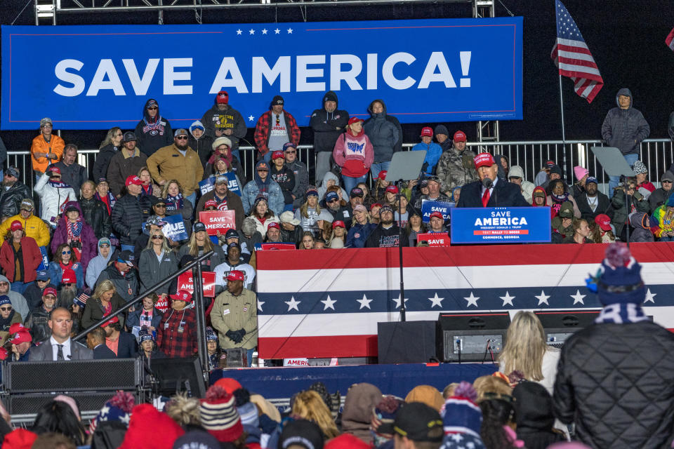 Former U.S. President Donald Trump speaks during a rally at the Banks County Dragway on March 26, 2022 in Commerce, Georgia. This event is a part of Trump's Save America Tour around the United States. / Credit: Megan Varner / Getty Images