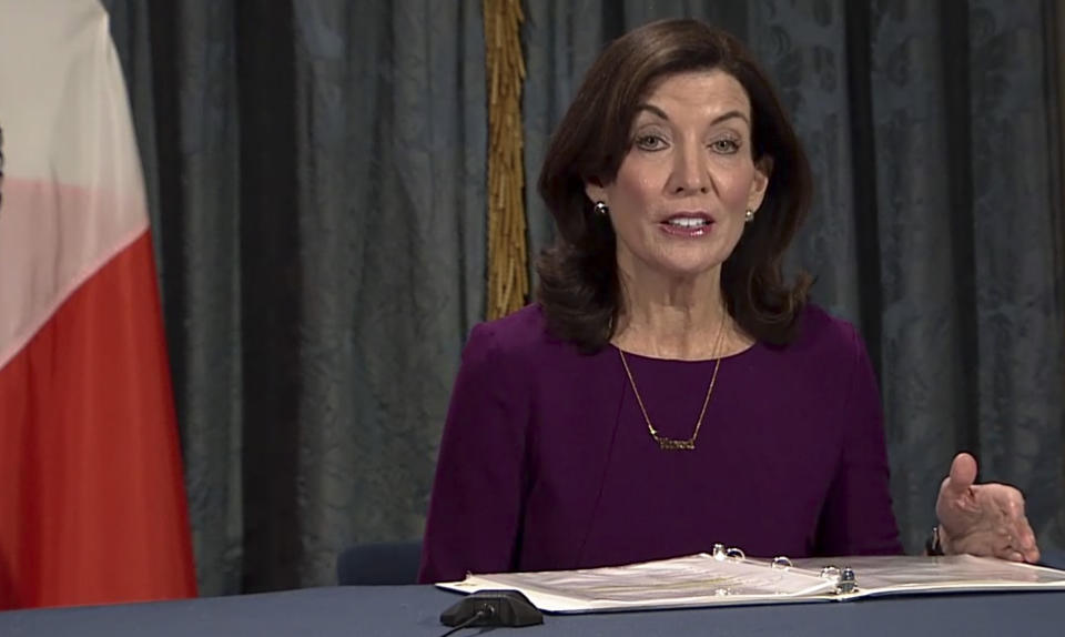 In this image taken from video, New York Gov. Kathy Hochul speaks during a virtual press conference, Thursday, Dec. 2, 2021, in New York. Multiple cases of the omicron coronavirus variant have been detected in New York, health officials said Thursday, including a man who attended an anime convention in Manhattan in late November and tested positive for the variant when he returned home to Minnesota. (AP Photo)