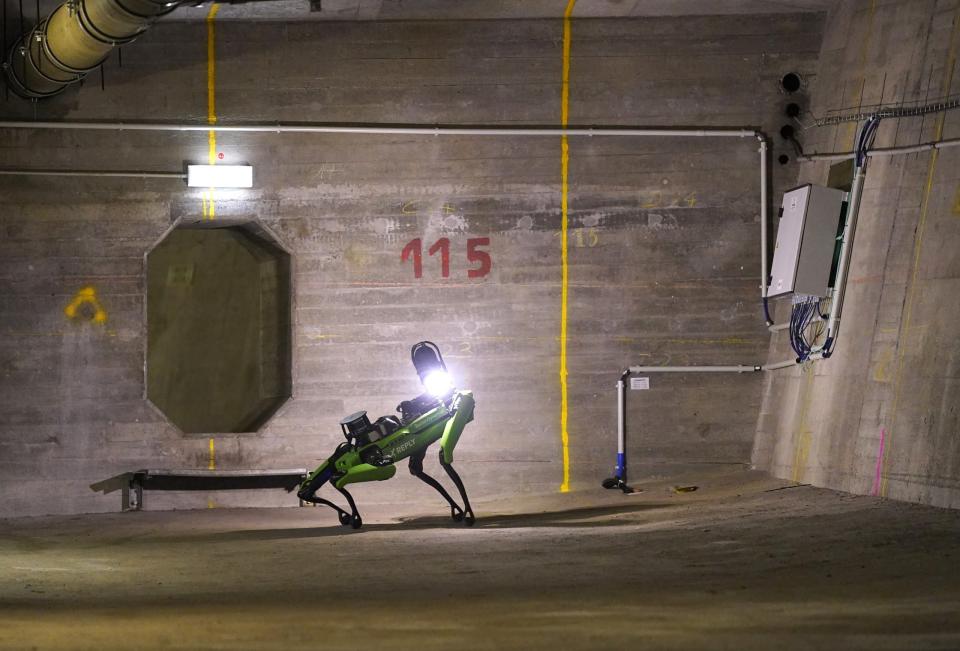 Roboterhund "Spot" läuft in der Köhlbrandbrücke unter der Fahrbahn her und inspiziert die Betonwände. Die Hamburg Port Authority (HPA) setzt gemeinsam mit der IT-Firma Roboverse Reply den von Boston Dynamics entwickelten Roboter in der Köhlbrandbrücke zur Bauwerksinspektion ein. Jetzt arbeitet auch Otto mit Boston Dynamics zusammen. - Copyright: picture alliance/dpa/Marcus Brandt