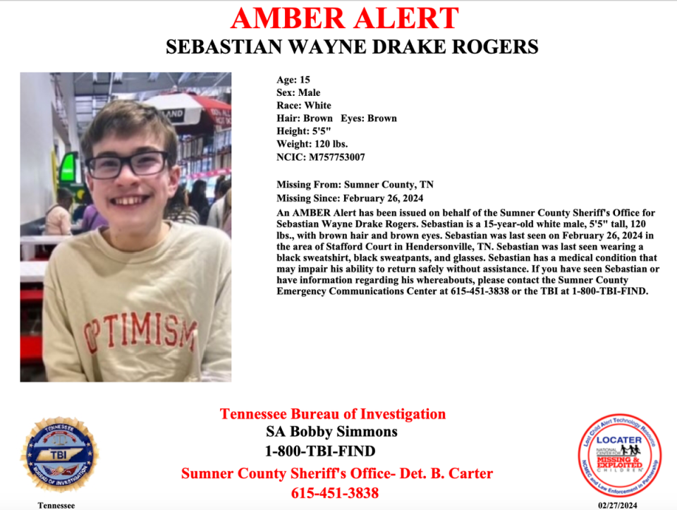 An Amber Alert was issued for Sebastian based on additional investigative information developed during the search (Tennessee Bureau of Investigation)