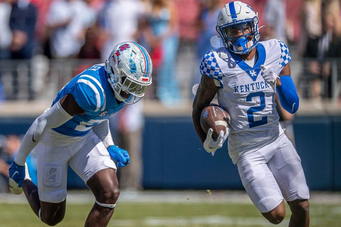 Kentucky true freshman wide receiver Barion Brown (2) has caught 15 passes for 282 yards and two touchdowns and returned six kickoffs for 286 yards and one TD.